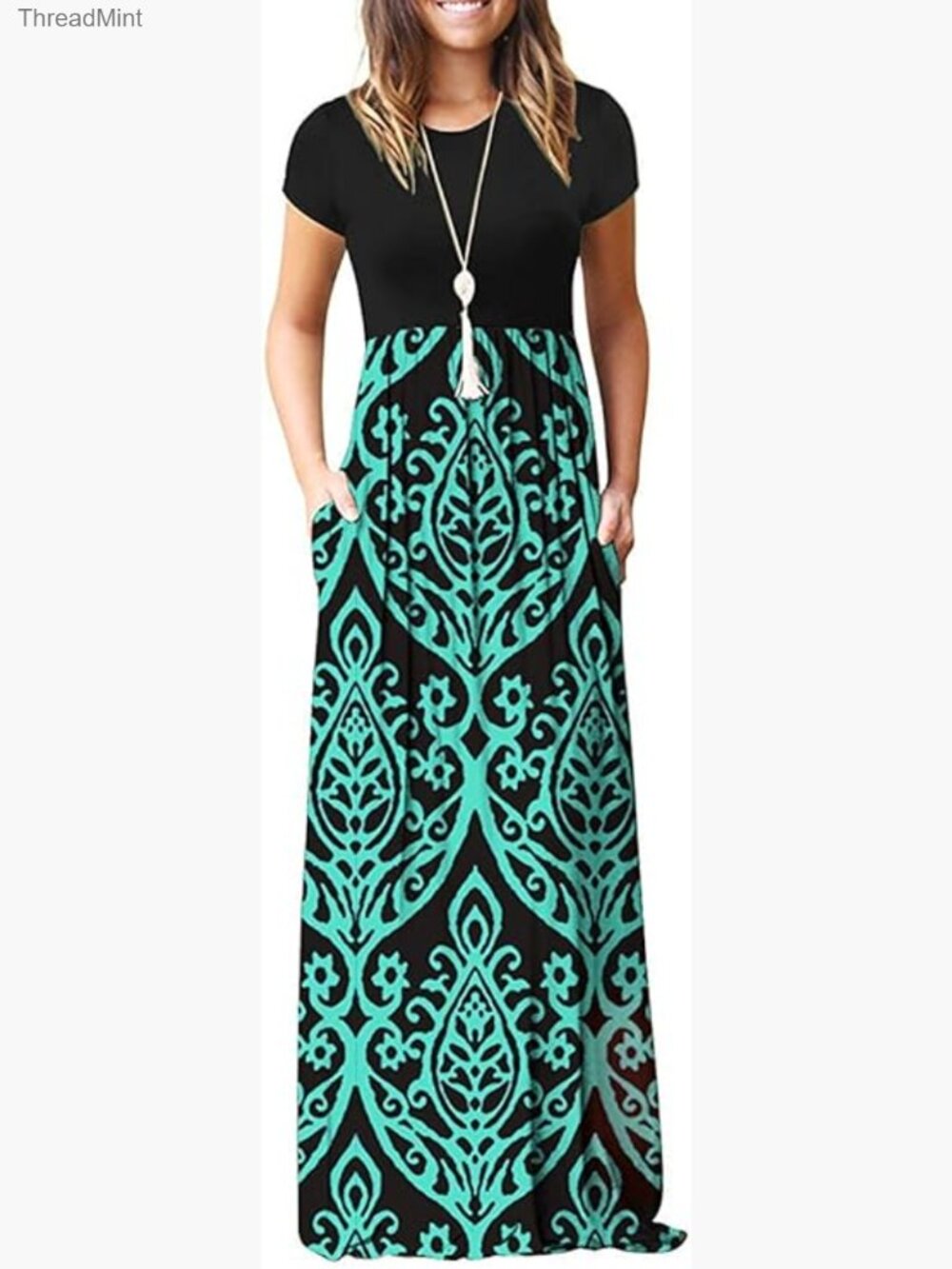 Short Sleeve Maxi Dress with Pockets, Casual Jersey Long Dress